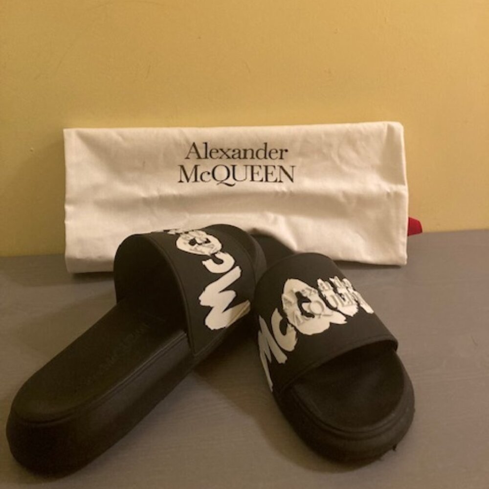 Alexander McQueen graffiti rubber pool slides, size 41